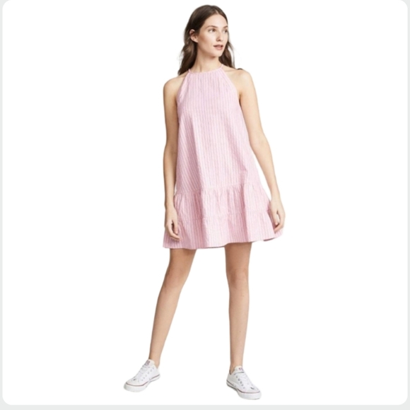 Rebecca Taylor Pink Striped Halter Dress Tiered Ruffle Hem Size 8 - Picture 4 of 12